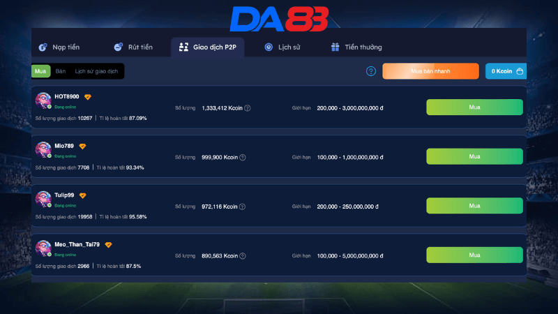 DA88 Hướng dẫn giao dịch P2P tại nhà cái DA88 cho bet thủ